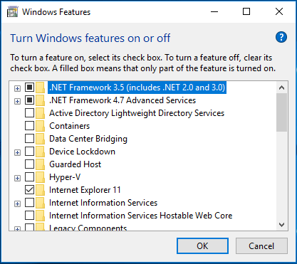 verifique o .NET Framework 3.5 e clique em OK para continuar