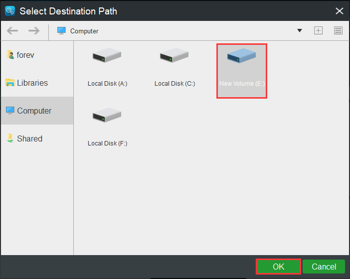 escolha o destino do backup