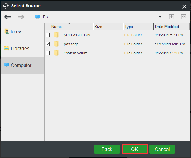 escolha os arquivos que você deseja fazer backup