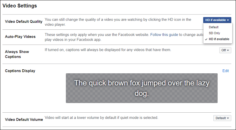 change video default quality on Facebook