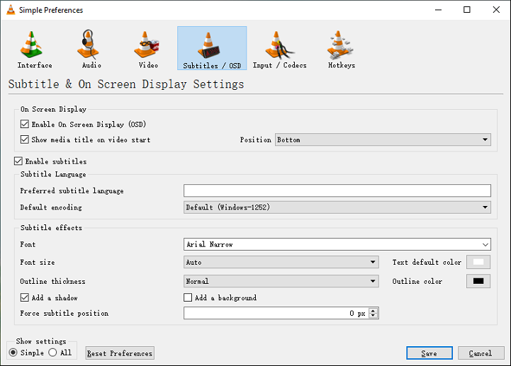 check subtitle settings in VLC