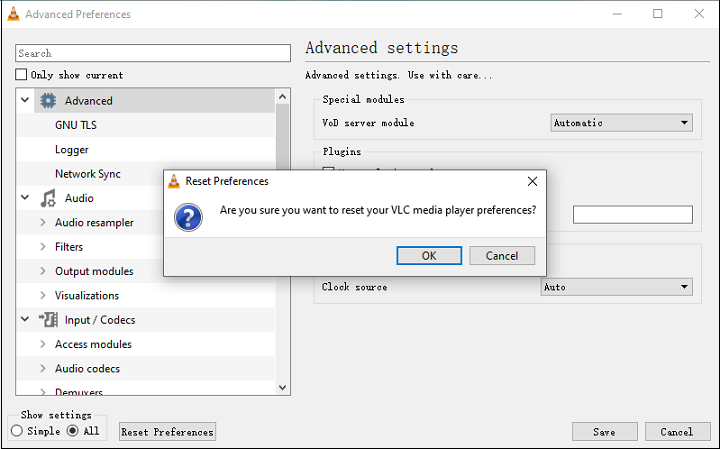 reset VLC preferences