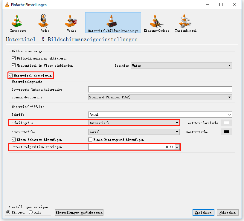 Untertiteleinstellungen in VLC überprüfen
