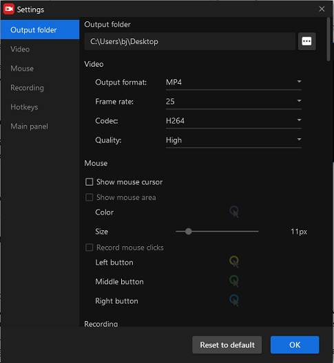 the settings of the screen record