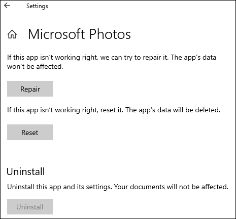 Repair Photos app on Windows 10