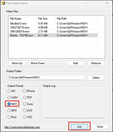 choose MOV as the output format and click on Join