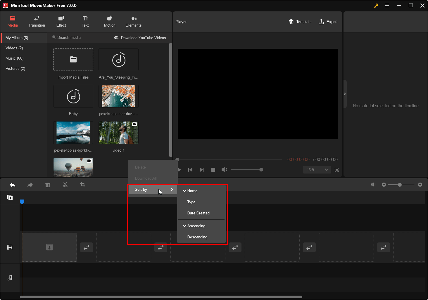 sort imported media files in MiniTool MovieMaker