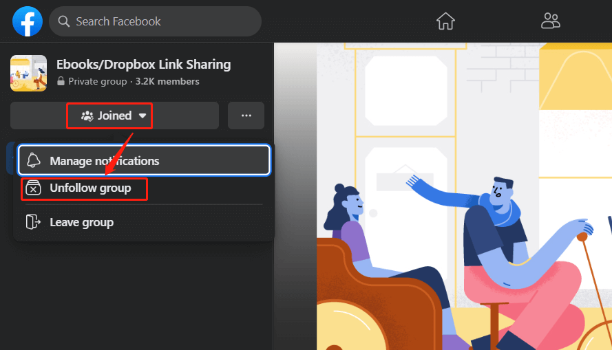 unfollow a group on Facebook from a desktop browser