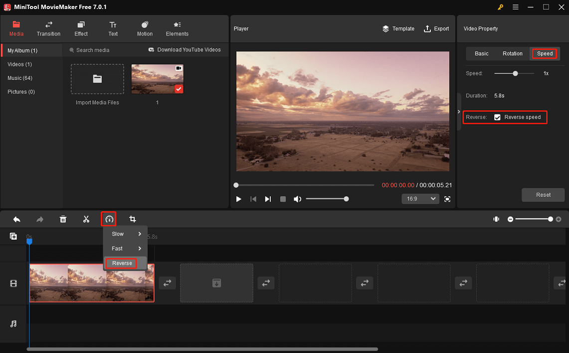 reverse a clip in MiniTool MovieMaker
