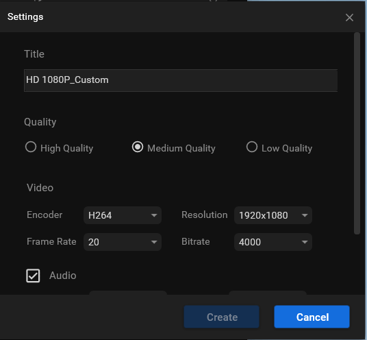 target video settings window