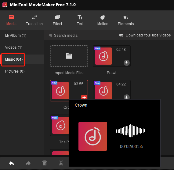 music in MiniTool MovieMaker 7.1