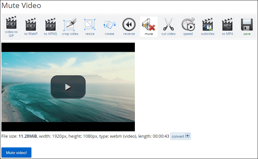 remove audio from video with Ezgif