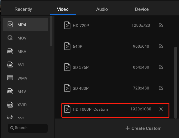 select the customized video format option