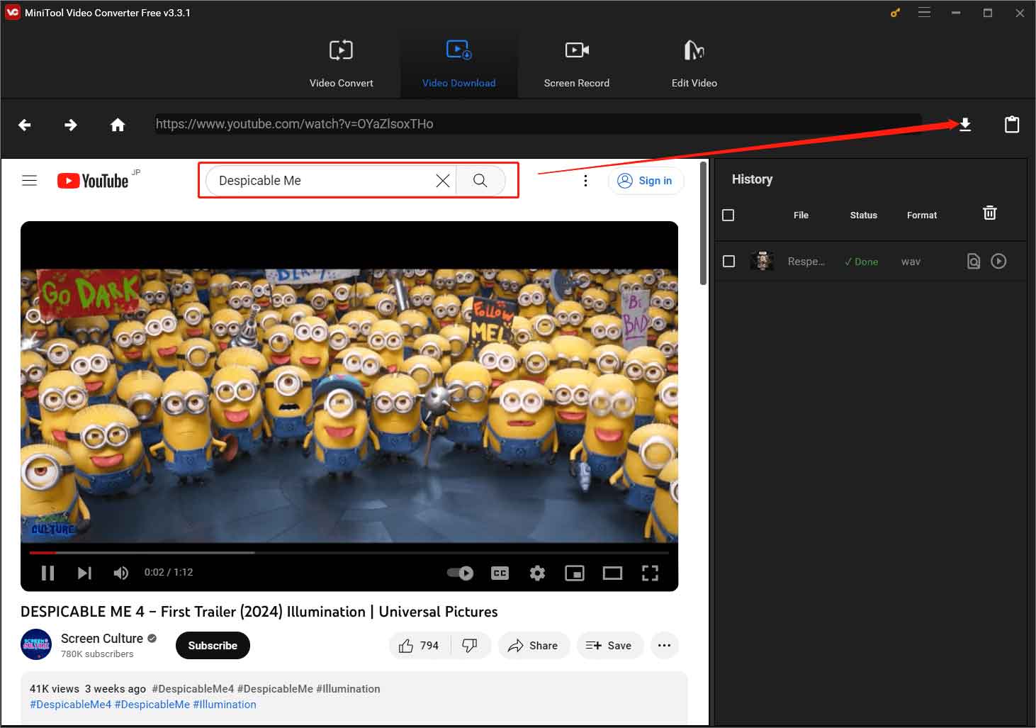 search for desired video and click the download icon