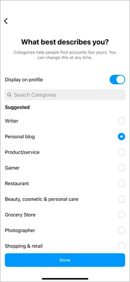 set your Instagram account category
