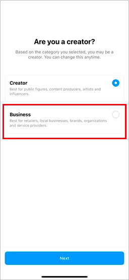 select business as your Instagram account type