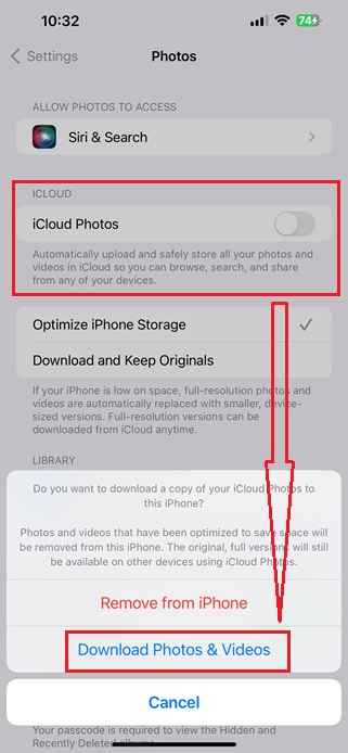 switch off iCloud Photos on iPhone