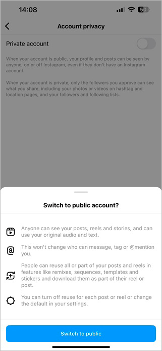 Instagram switch to public account