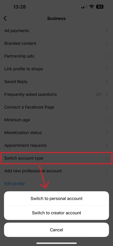 Instagram switch to another type of account