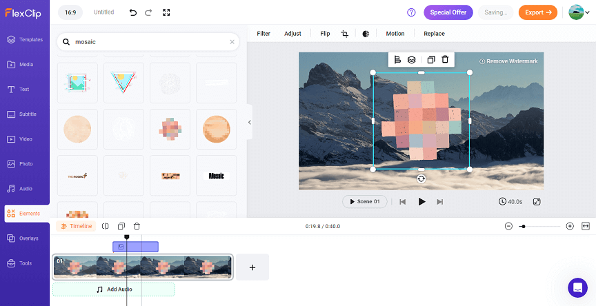 add mosaic to video with FlexClip