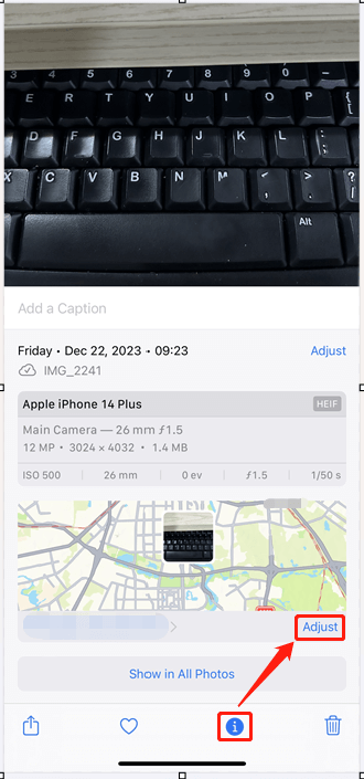 adjust the location of the photo in iPhone Photos