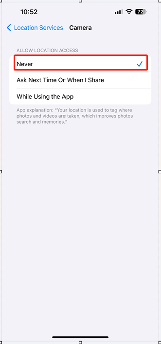 never allow iPhone camera to access the location services