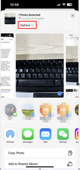 choose options for the selected photo in iPhone Photos