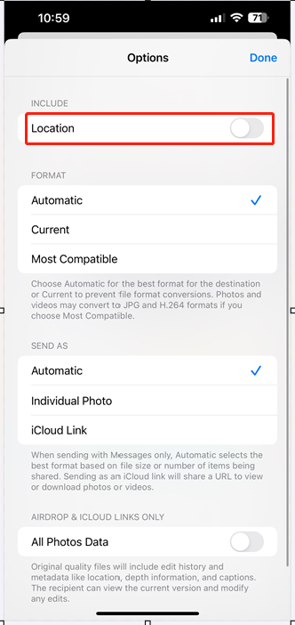 tog off location when sharing iPhone photos
