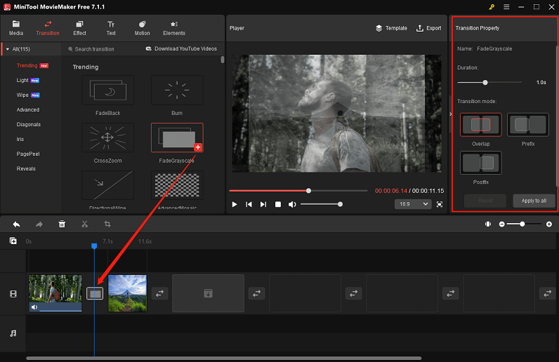 add a transition in MiniTool MovieMaker