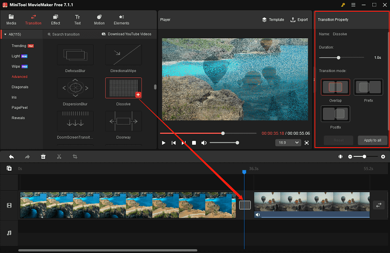 add a dissolve transition in MiniTool MovieMaker