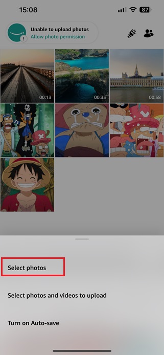 choose “select photos” in the Amazon Photos app