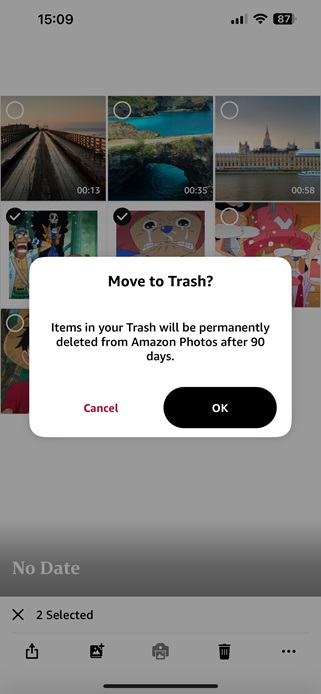confirm to move selected photos to trash in the Amazon Photos app