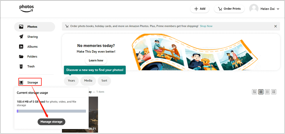 select “manage storage” in Amazon Photos