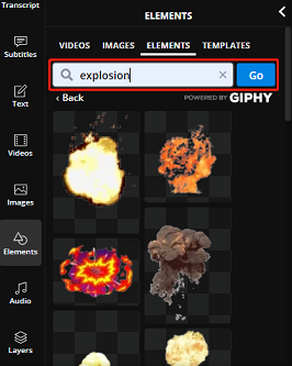 find explosion effects in Kapwing