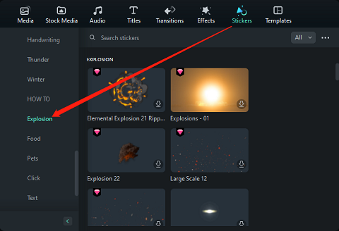 find explosion effects in Filmora