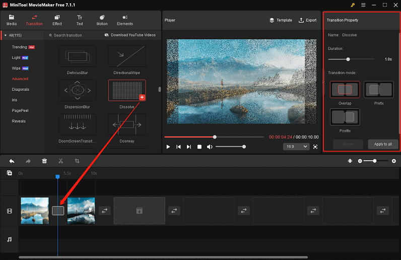 add a dissolve transition in MiniTool MovieMaker