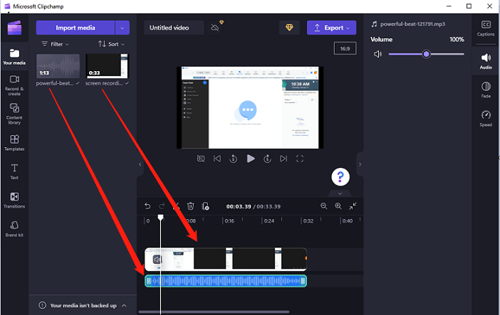 drag your screen recording and audio files to the timeline
