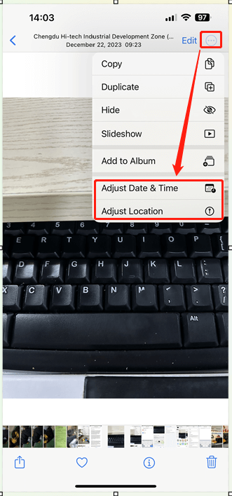 select “Adjust Date & Time” or “Adjust Location” in iPhone Photos