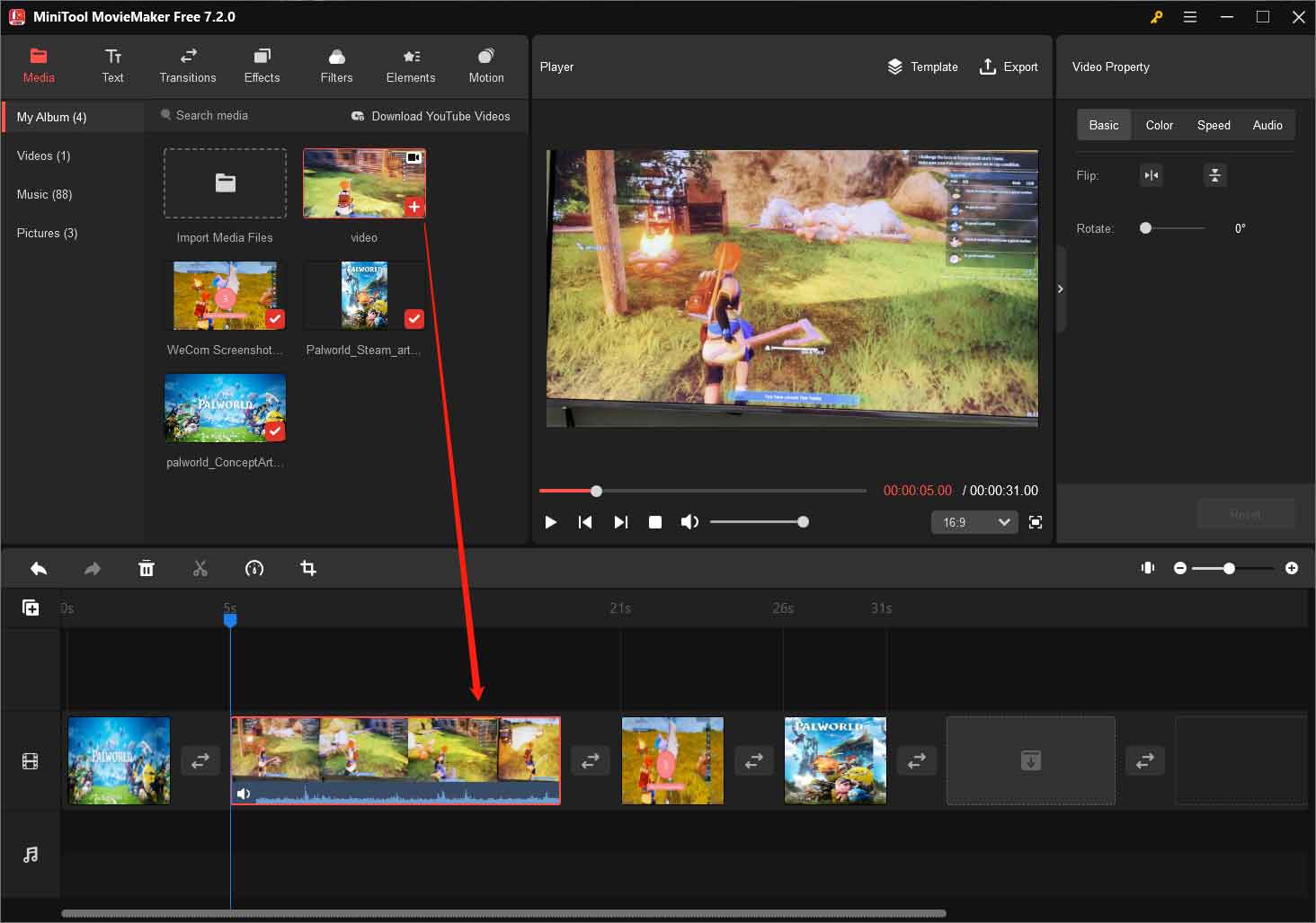 add imported Palworld files to the timeline of MiniTool MovieMaker