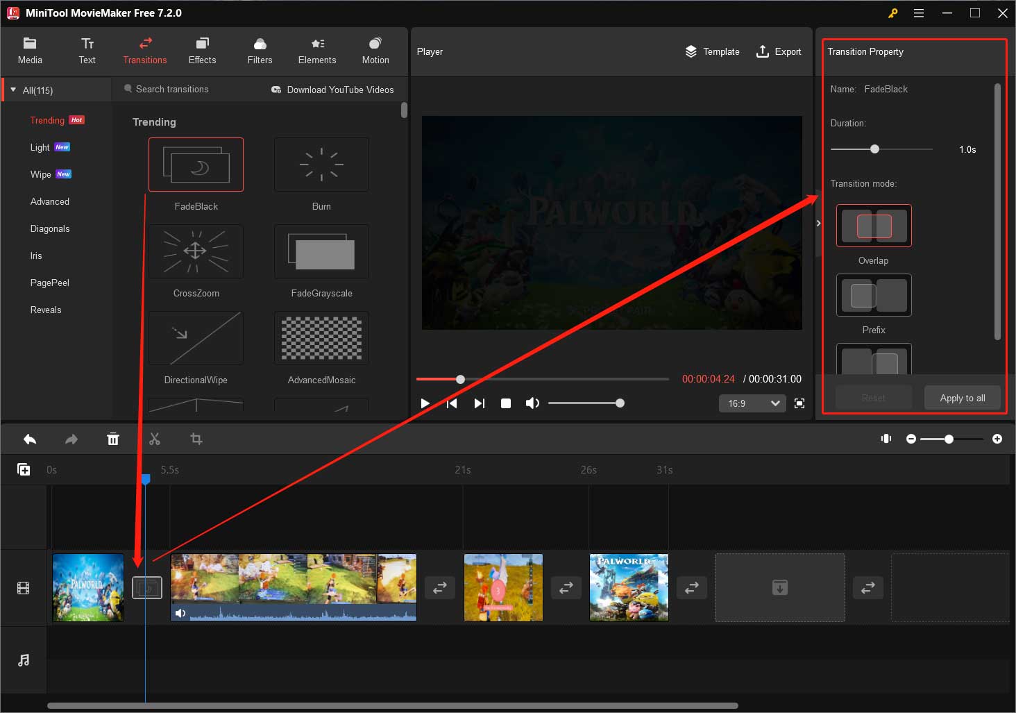 add and edit a transition between 2 Palworld clips in MiniTool MovieMaker