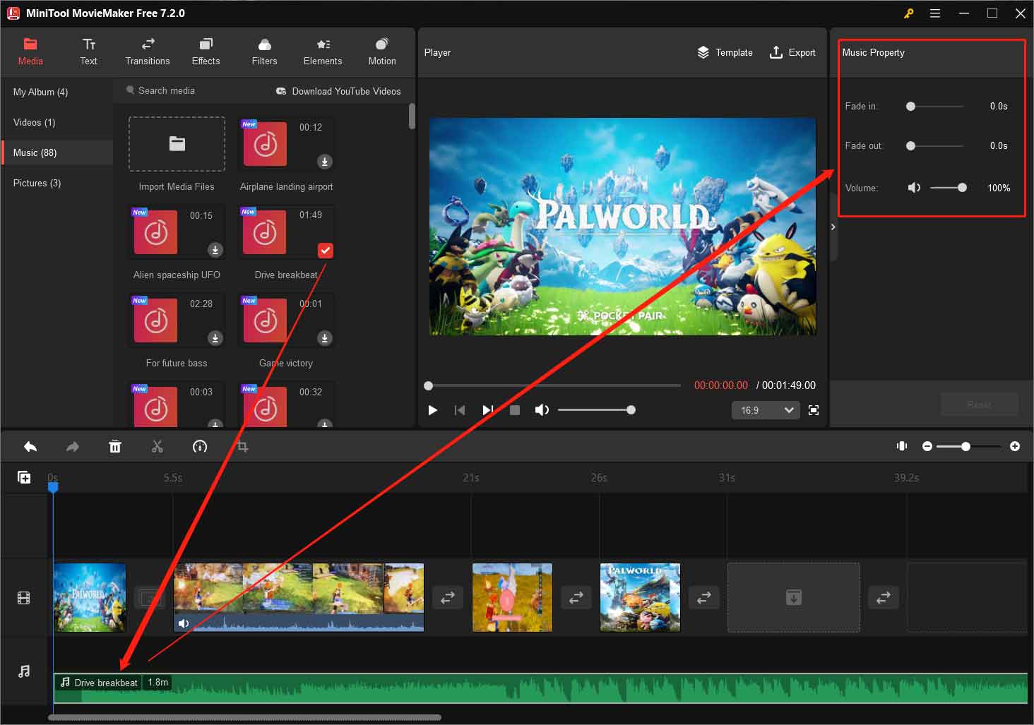 add and edit music into the Palworld video in MiniTool MovieMaker