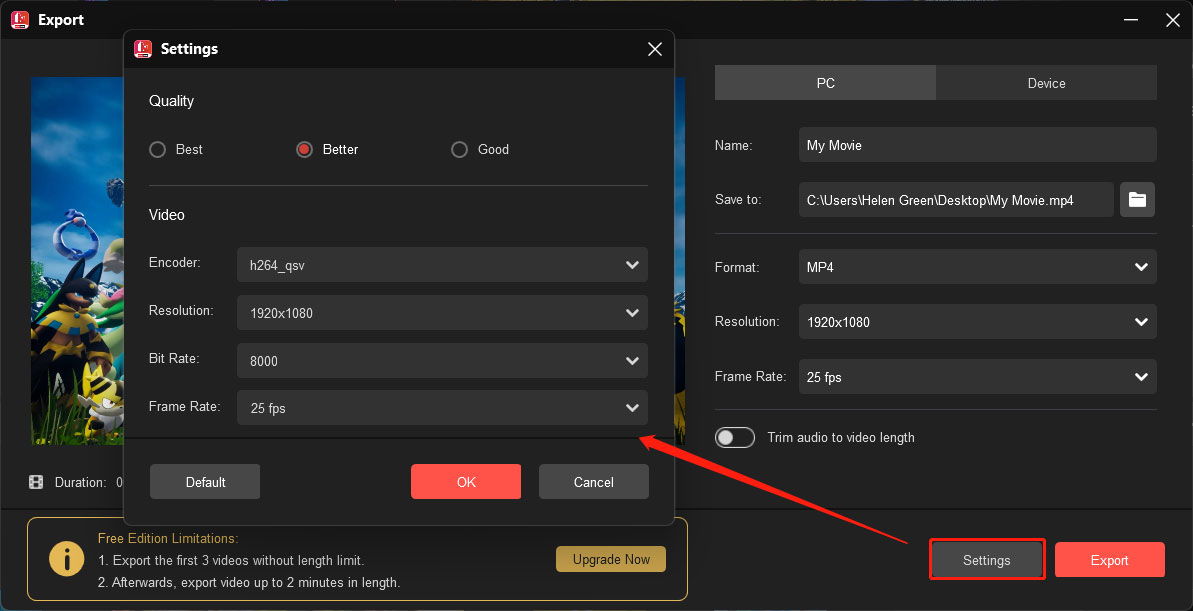 export the Palworld video with specific settings from MiniTool MovieMaker