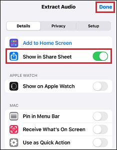 enable Show in Share Sheet and tap Done