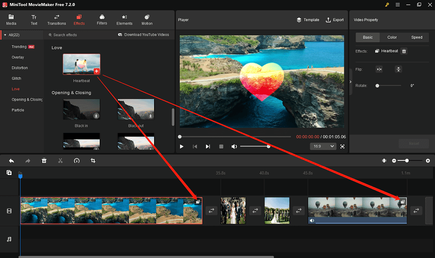 add heart effects to video clips