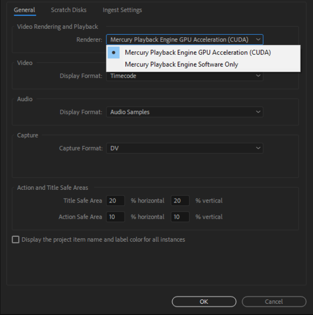 select video rendering and playback type in Premiere Pro