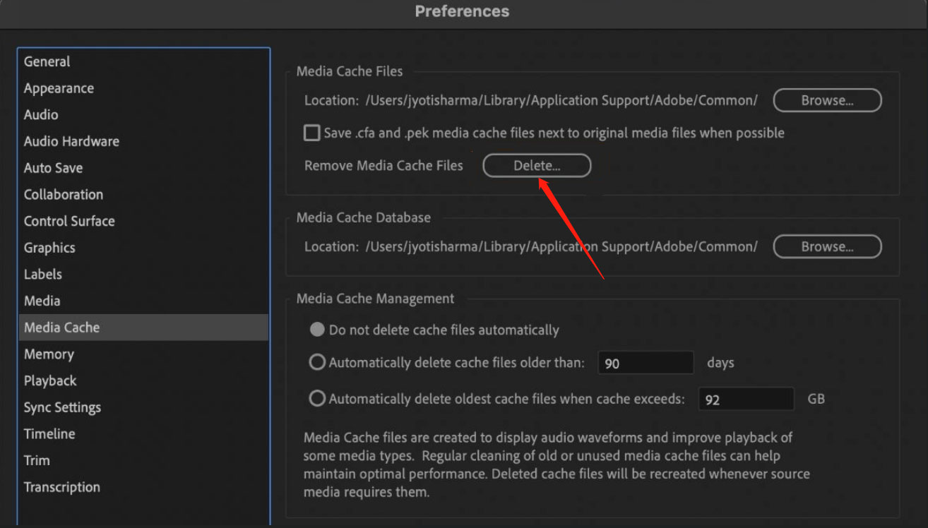 delete Premiere Pro media cache