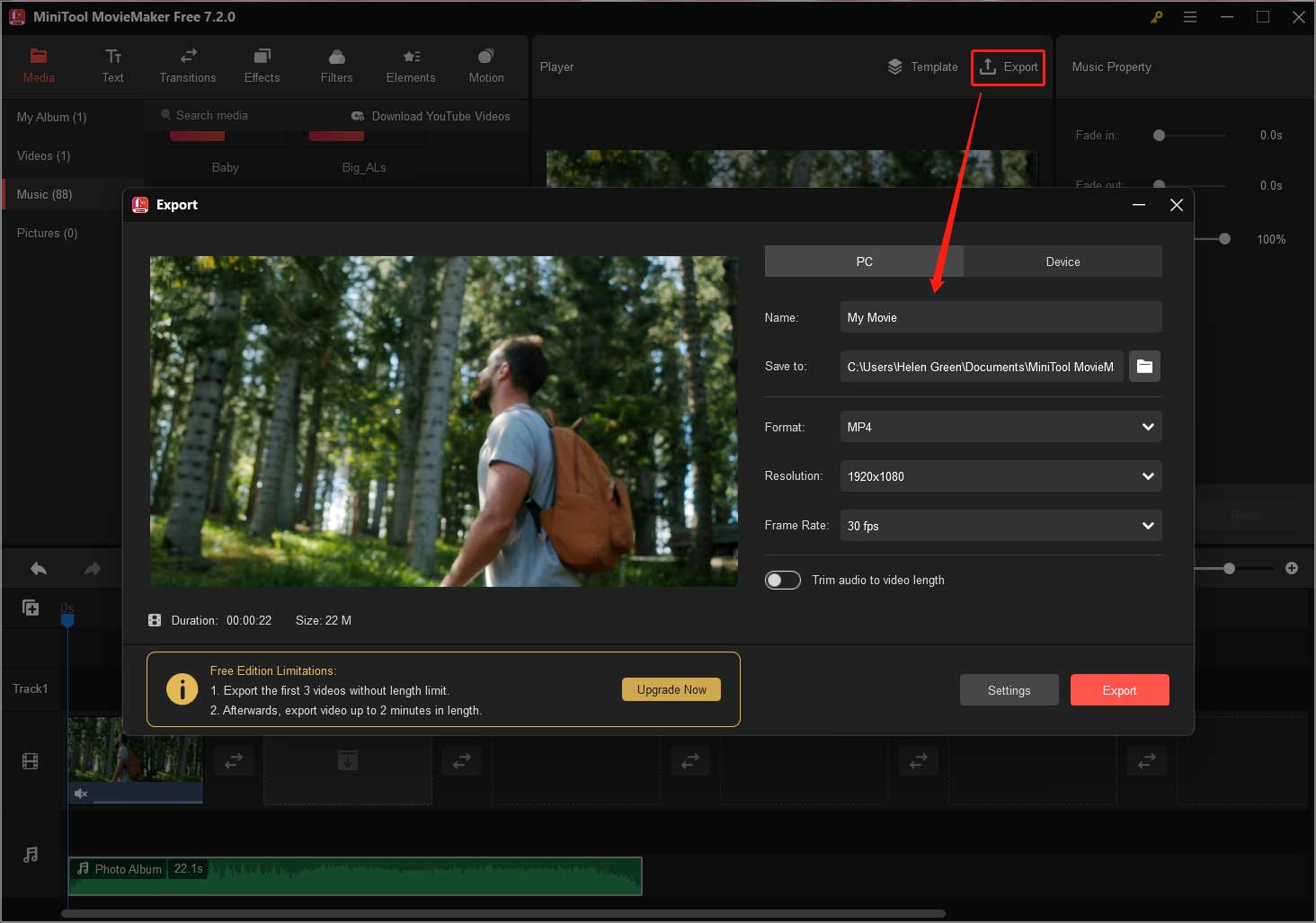 export the video with new audio