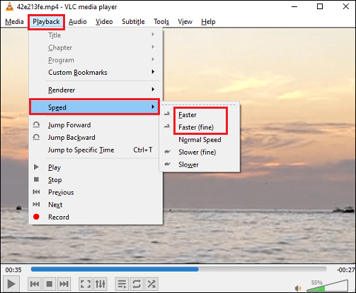 speed up video in VLC using the Playback menu