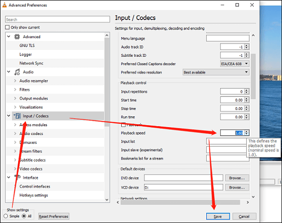 set default playback speed in VLC