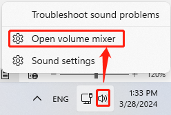 open Windows 11 Volume Mixer from the system tray